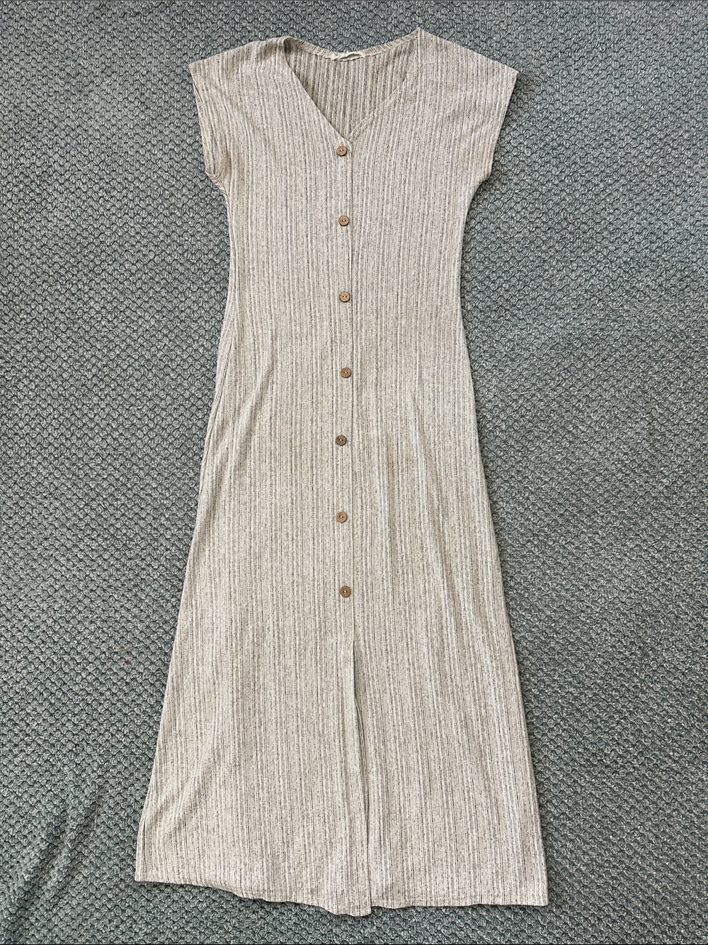 Caution To The Wind Beige Ribbed Button-Front Maxi Dress